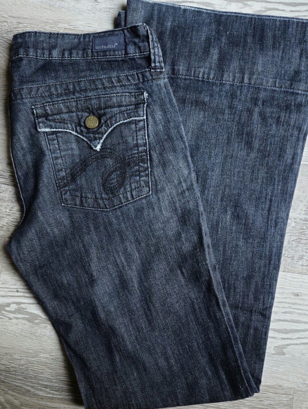 See Thru Soul Women's Flare Jeans Size 29 Dark Wash Wide Leg Stretch Denim